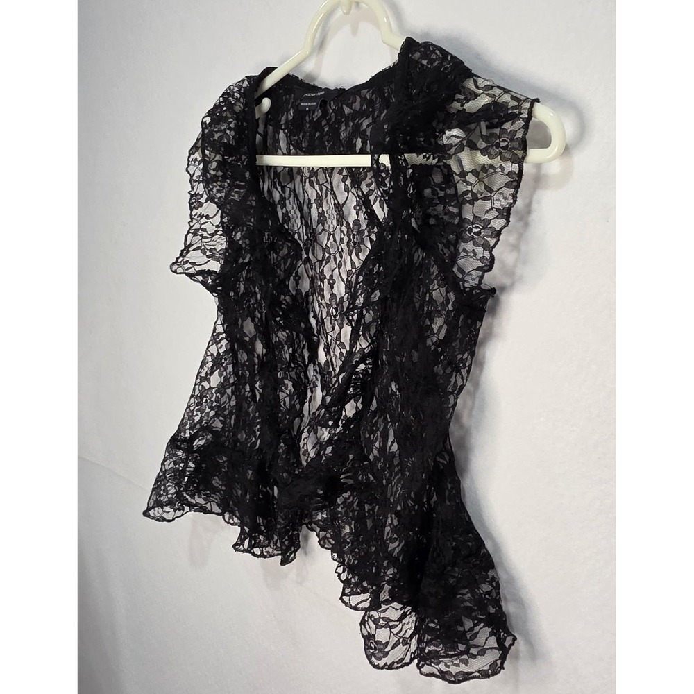 Paper Tee Black Floral Lace Ruffle Vest Sheer Open Front Cap Sleeve Medium - Picture 5 of 8